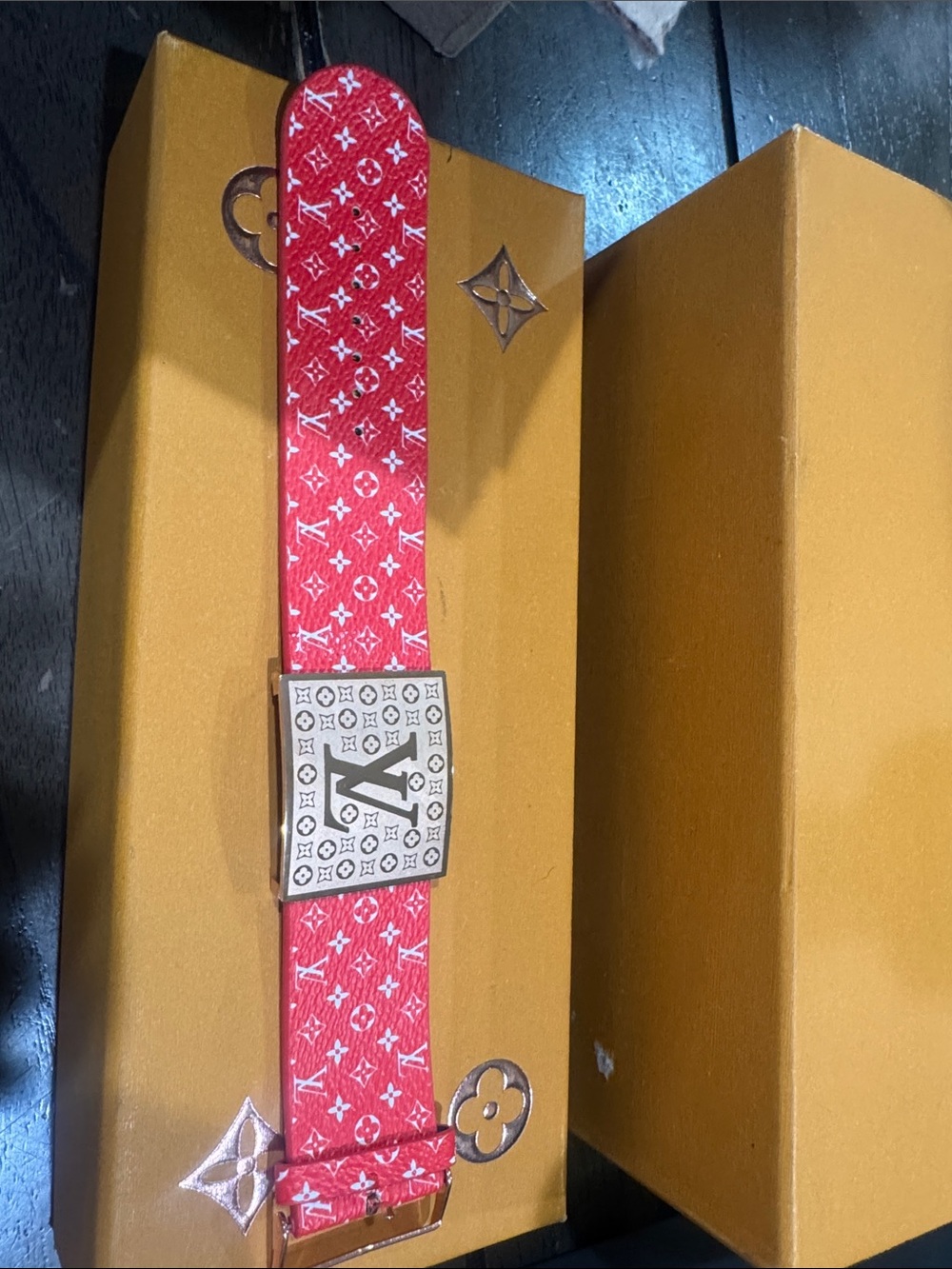 Red Monogram Canvas Belt with Logo Buckle